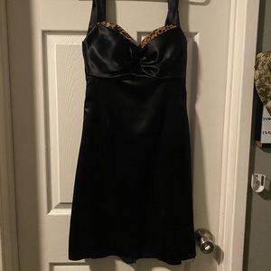 Black satin dress with leopard trim